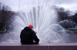 Hubby and Sweetness enjoy the Seattle Center Fountain.